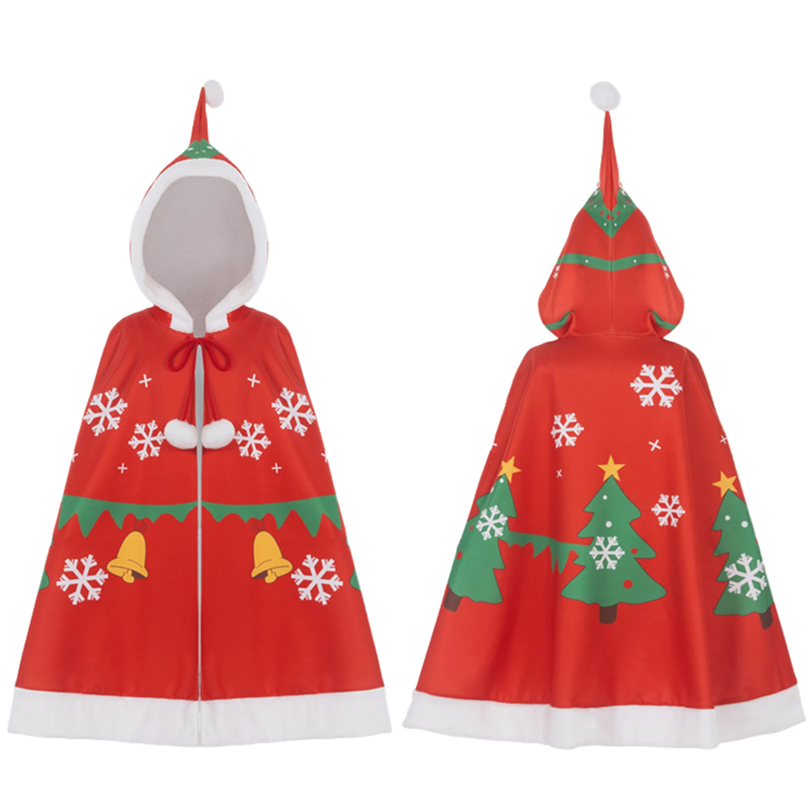 

Christmas Kids Snowflake Cloak Girl Boys Hooded Cape Santa Claus Red Printed Robe Stage Role Playing Christmas Costume
