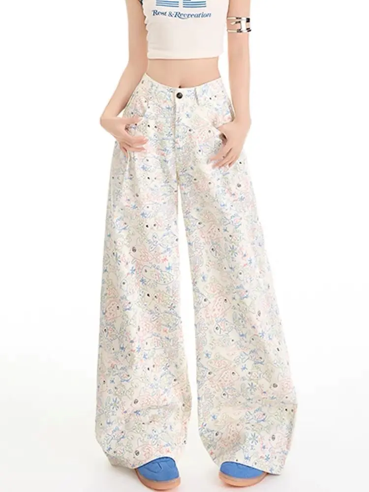 

American Casual White Flower Print Cargo Pants 2025 Autumn New High Waist Y2k Straight Wide Leg Women