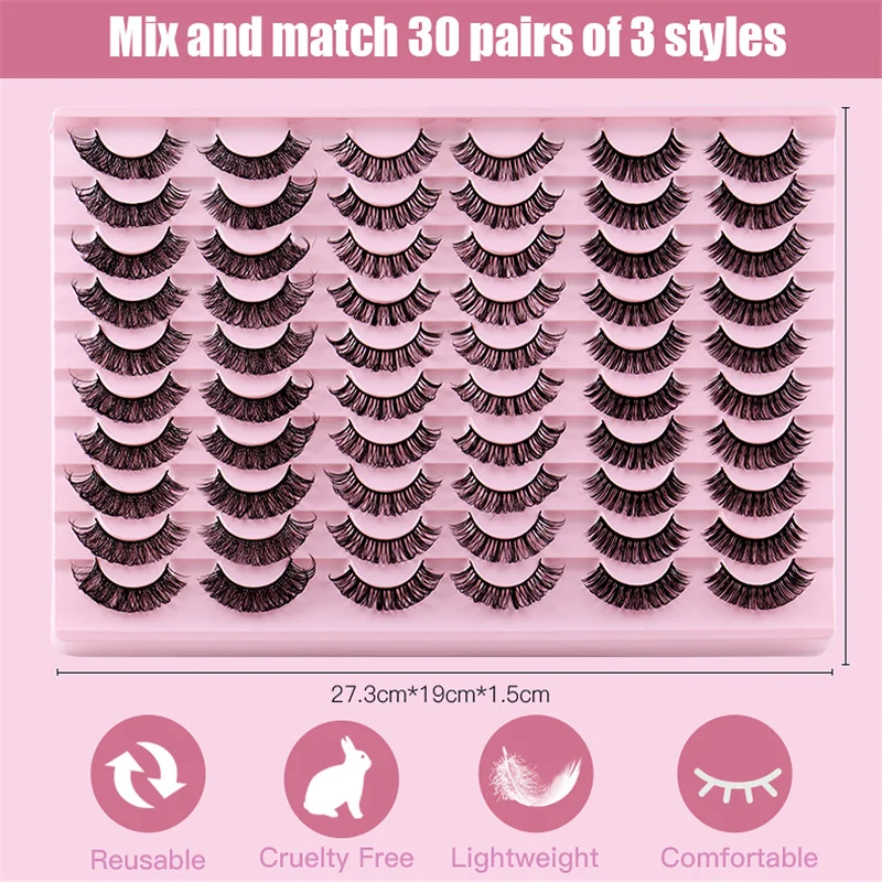 

Mix and match 30 pairs of 3 style russian curl simulation natural faux mink false eyelashes with customized logo packages