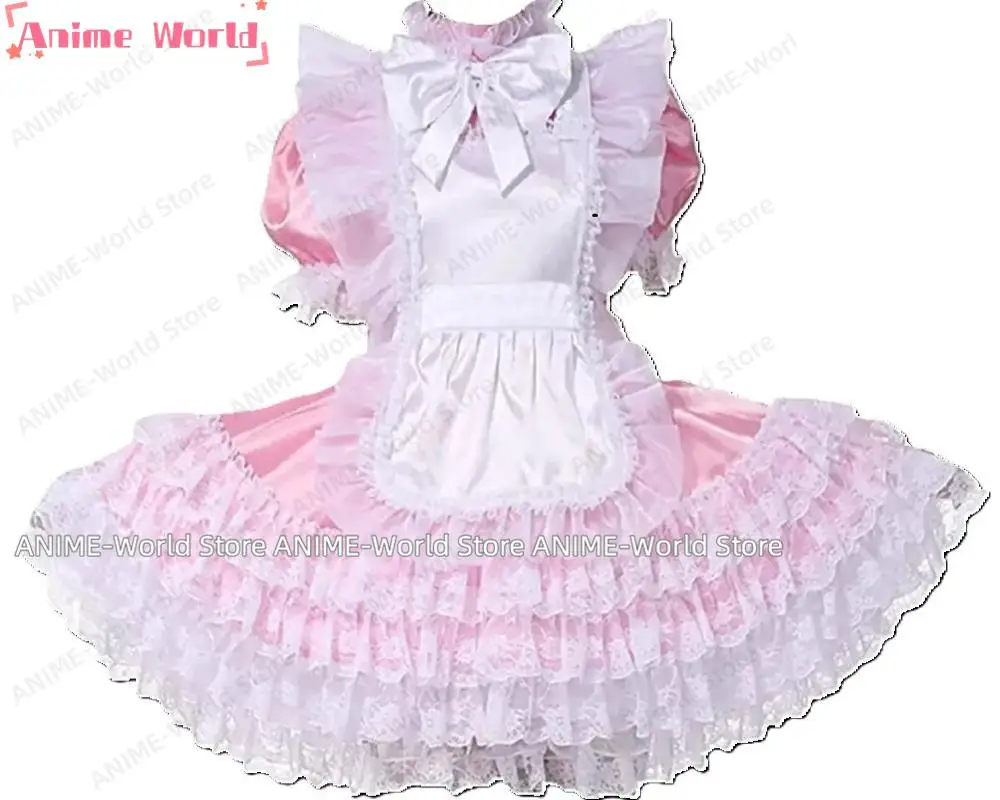 

《Нестандартный размер》Sissy Pink Maid Сексуальное платье для косплея Атласное пушистое кружевное кружевное платье с бантом Запираемый костюм на Хэллоуин