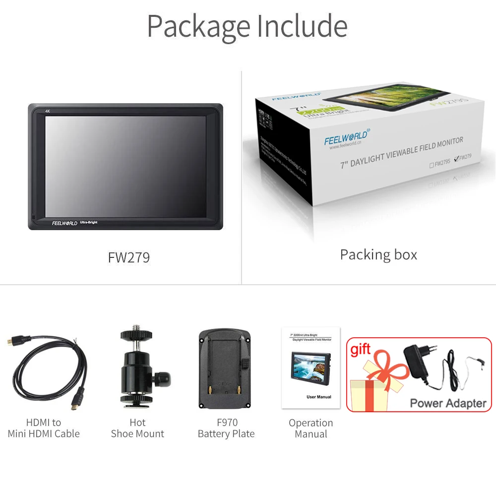FEELWORLD FW279 7 Inch 2200nit Daylight Viewable Camera Field Monitor High Brightness 4K HDMI Input Output 1920X1200 IPS Panel