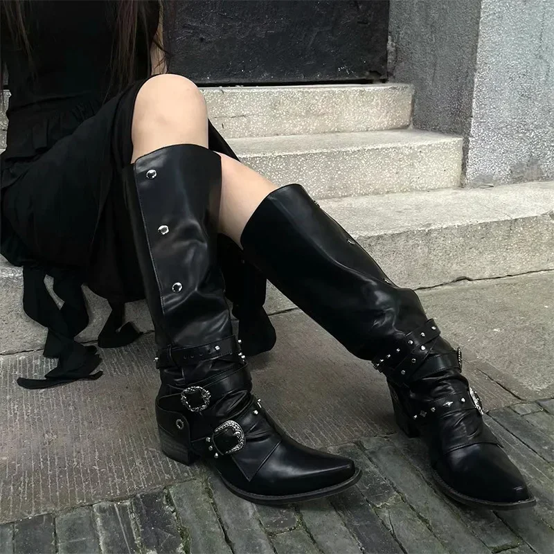 Woman Black Punk Knee High Platform Low Heel Trend Punk Gothic New Rock Leather Fashion Women Chunky Knight Motorcycle Footwear