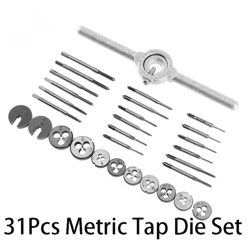 31Pcs Metric Tap Die Set M1-M2.5 Metric Tap and Die Screw Thread Plugs Taps HSS Steel Hand Screw Tap Die Wrench Set Hand Tools