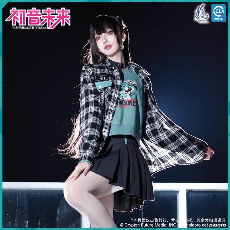 Original Hatsune Miku Blouse Skirt Women Men Checked Shirt Vest Women Long Sleeve Tee Pleated Skirt Cosplay Costume Clothing