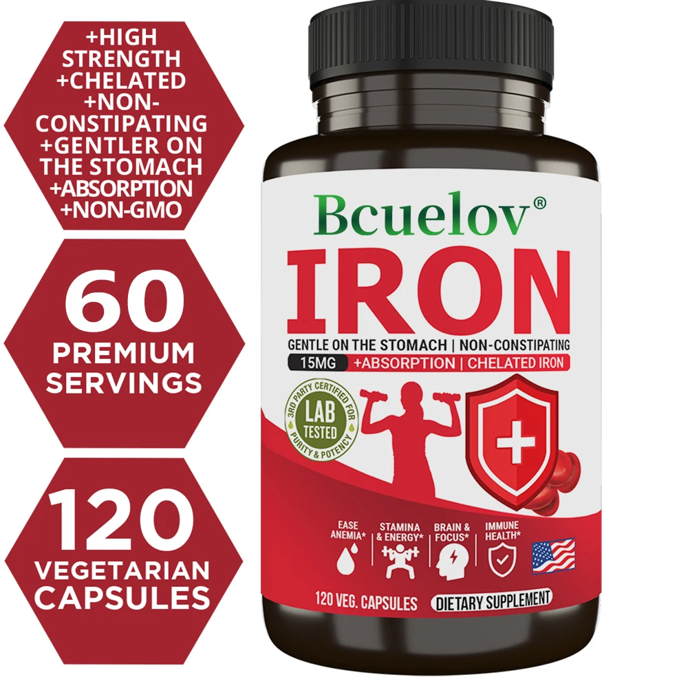 Gentle Iron (Iron Bisglycinate) 15 mg - 120 Vegetable Capsules - Non-Constipating, Gentle on Your Stomach - Non-GMO, Gluten Free