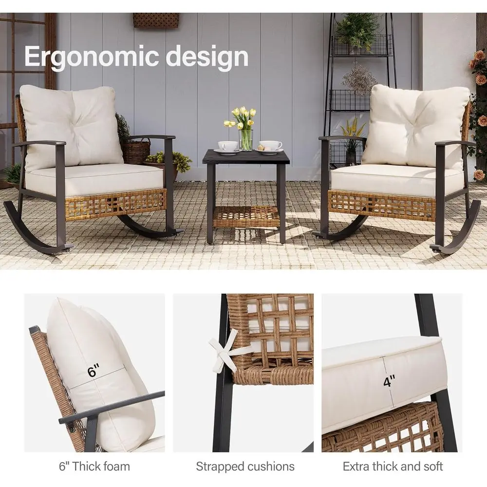 Conjunto de bistrô de balanço de 3 peças para pátio externo com almofadas e mesa de 2 camadas, área de conversa de vime para jardim e quintal em Bei