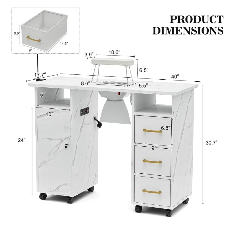 充電ステーション付きマニキュアステーション,集塵機付きネイルテーブル,大理石の質感
