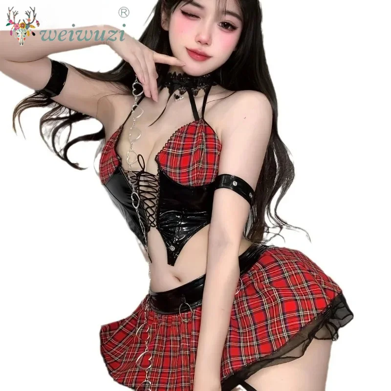 Anime Adult Women PU Leather Deep V-collar Halter Top Mini Skirt Evil Outfit Punk Gothic Devil's City Queen Uniform Temptation