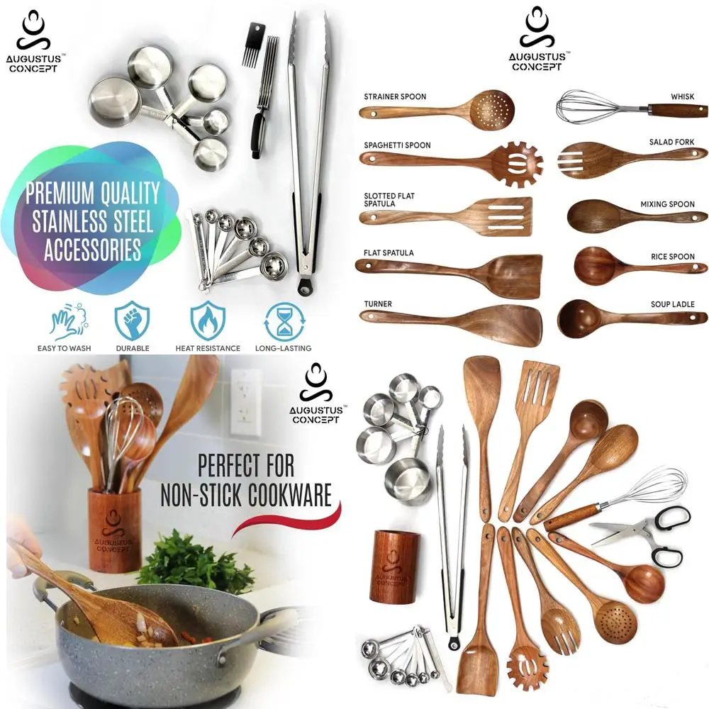 

25-Piece Wooden Kitchen Utensil Set with Measuring Tools and Scissors - Nonstick Cookware Essentials for Apartments