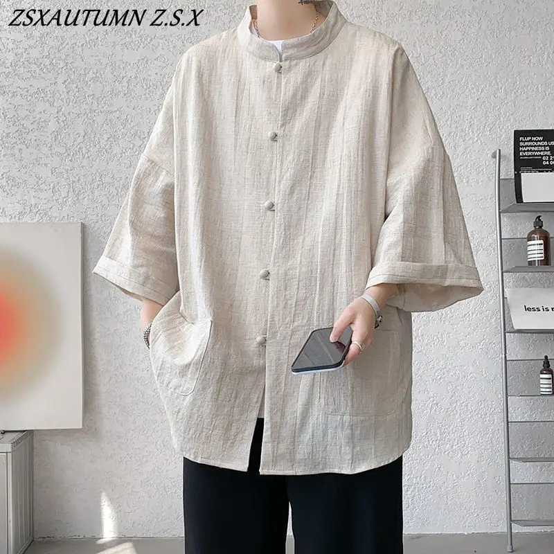 Tang Suit Men's Fashion Large Size Linen Shirt Long Sleeve Cotton Linen Loose Coat Seven-point Sleeve Retro Chinese Style Tops