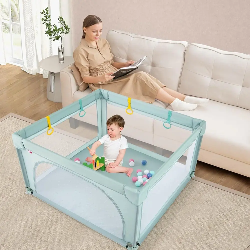 Jumbo-Laufstall mit 50 Strandbällen, Baby-Sicherheitstore, rutschfester Saugkraft, mit Netz überzogener Spielbereich für Kleinkinder