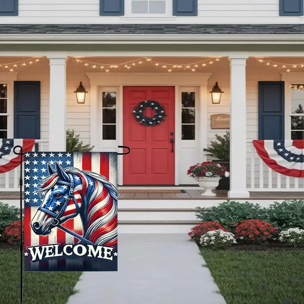Garden Flag 12 x 18 Inch Patriotic Horse Welcome Yard Sign American Flag Stars and Stripes Double Sided Outdoor Decoration f MMZ