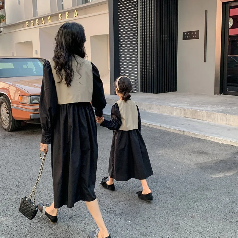 New Arrival Spring Black Vintage Vest Dress Outfits Family Matching Clothes Set Mother and Daughter Matching A-line Dresses Sets