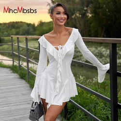 Sexy Deep V Neck Flare Long Sleeve Pleated Mini Dress Women Ruffle Slim Fit White Sundress 2024 Summer Harajuku Y2K Clothes