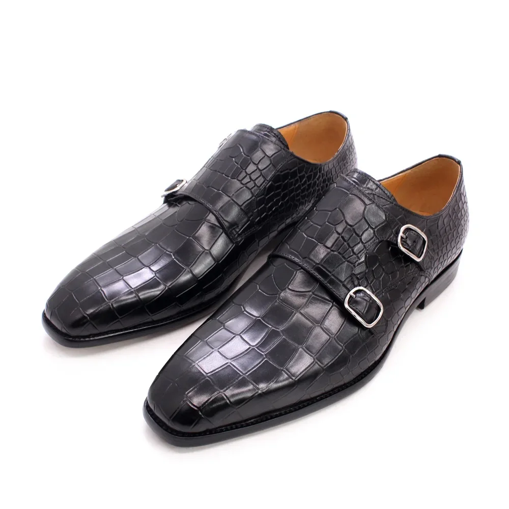 Men's Luxury Italian Real Leather Pointed Toe Double Buckle Formal Business Black Shoes Alligator Print for Business Casual Wear
