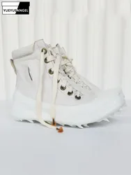 Handmade Mens Gothic High Top Cowhide Genuine Leather Shoes Lace Up Thick Platform Casual Shoes New Designer Vintage Footwear