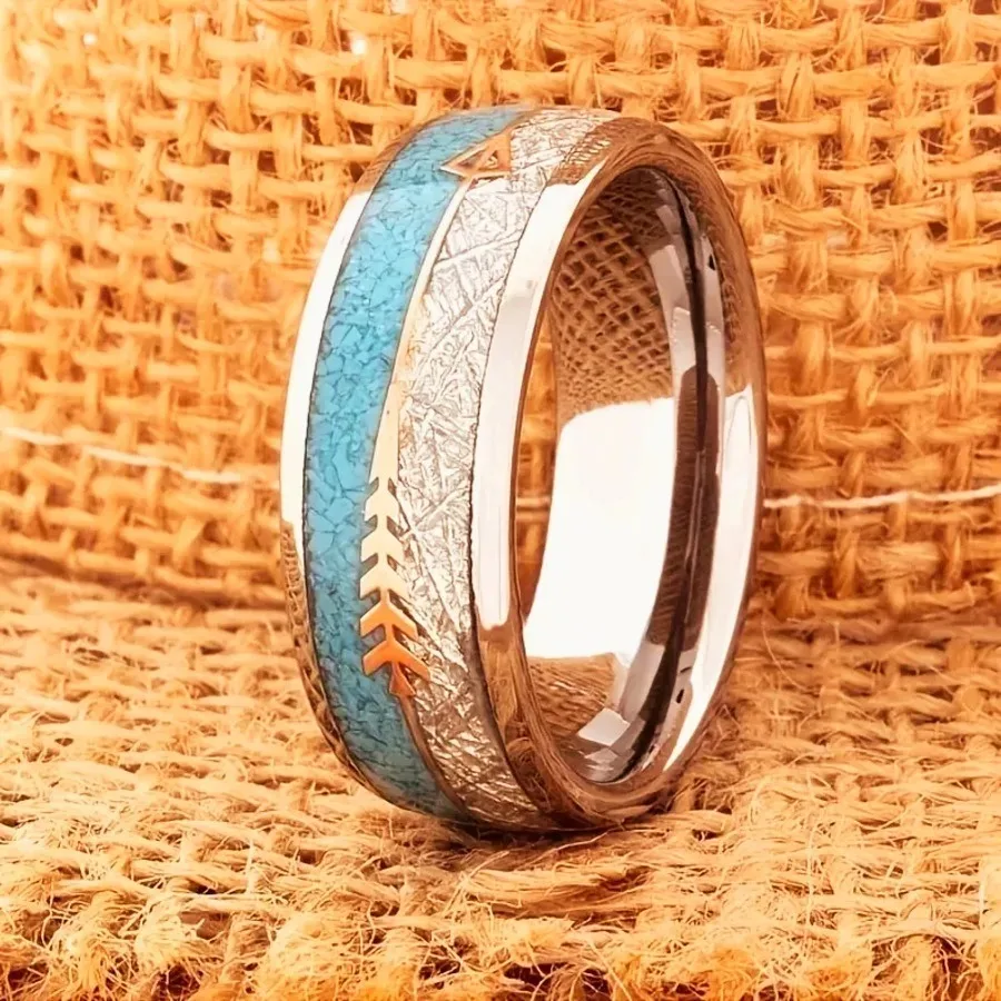 Fashion Men Silver Color Stainless Steel Arrow Rings Vintage Meteorites and Blue Turquoise Rings For Men Wedding Band Jewelry