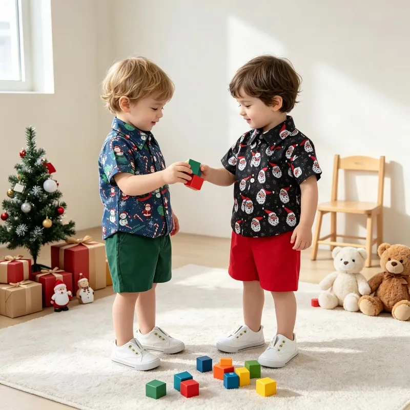 Newborn Infant Toddler Baby Boys Christmas Print Button Down Shirt And Shorts 2 Piece Holiday Outfit Set 0 36M