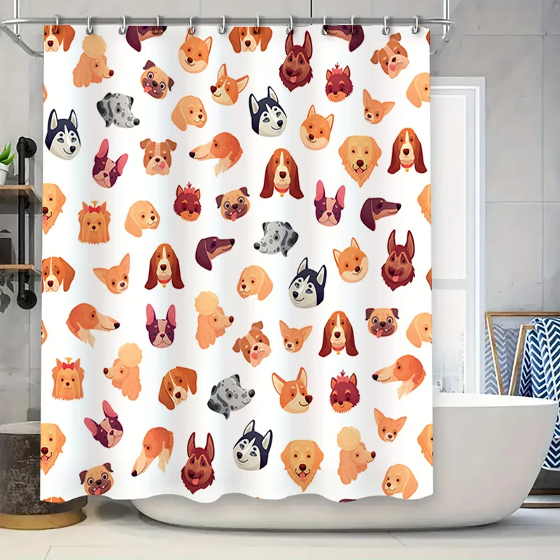 

Adorable Dog Print Shower Curtain Set for Bathroom Decor Home Decoration Waterproof Fabric with Rings White Color Animal Pattern