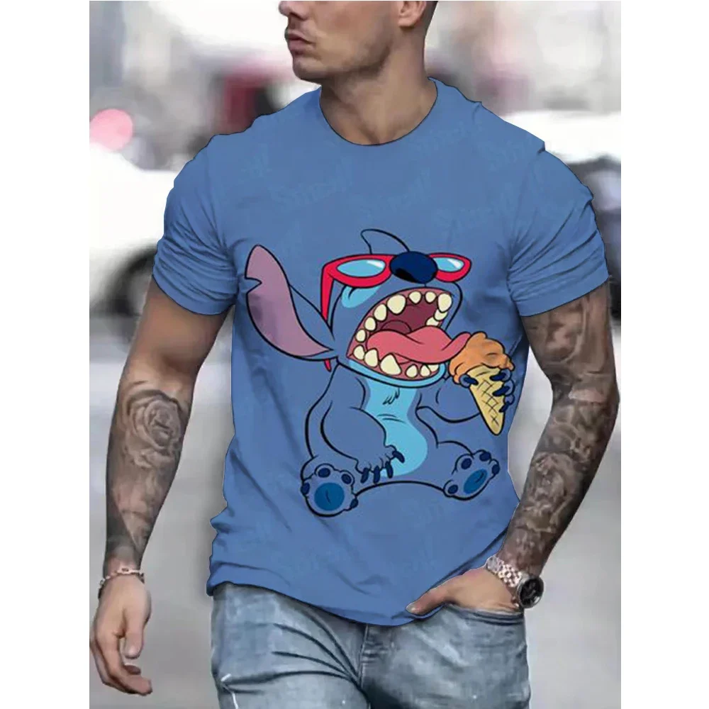 2025 New Disney Men's T-shirt Cartoon Stitch 3D Printed Children's T-shirt Street Fashion Cute Boys Girls Short Sleeve T-shirt