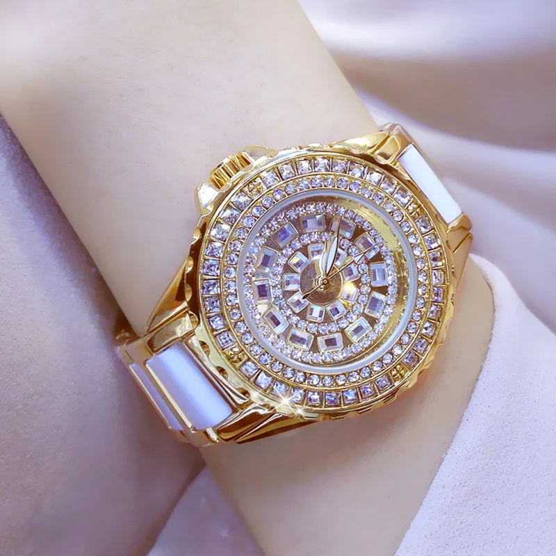 BS bee sister Relojes de marca de lujo para mujer, reloj completo de diamantes, pulsera de oro, correa de cerámica, relojes de cuarzo impermeables para mujer dorado,reloj de mujer,reloj mujer