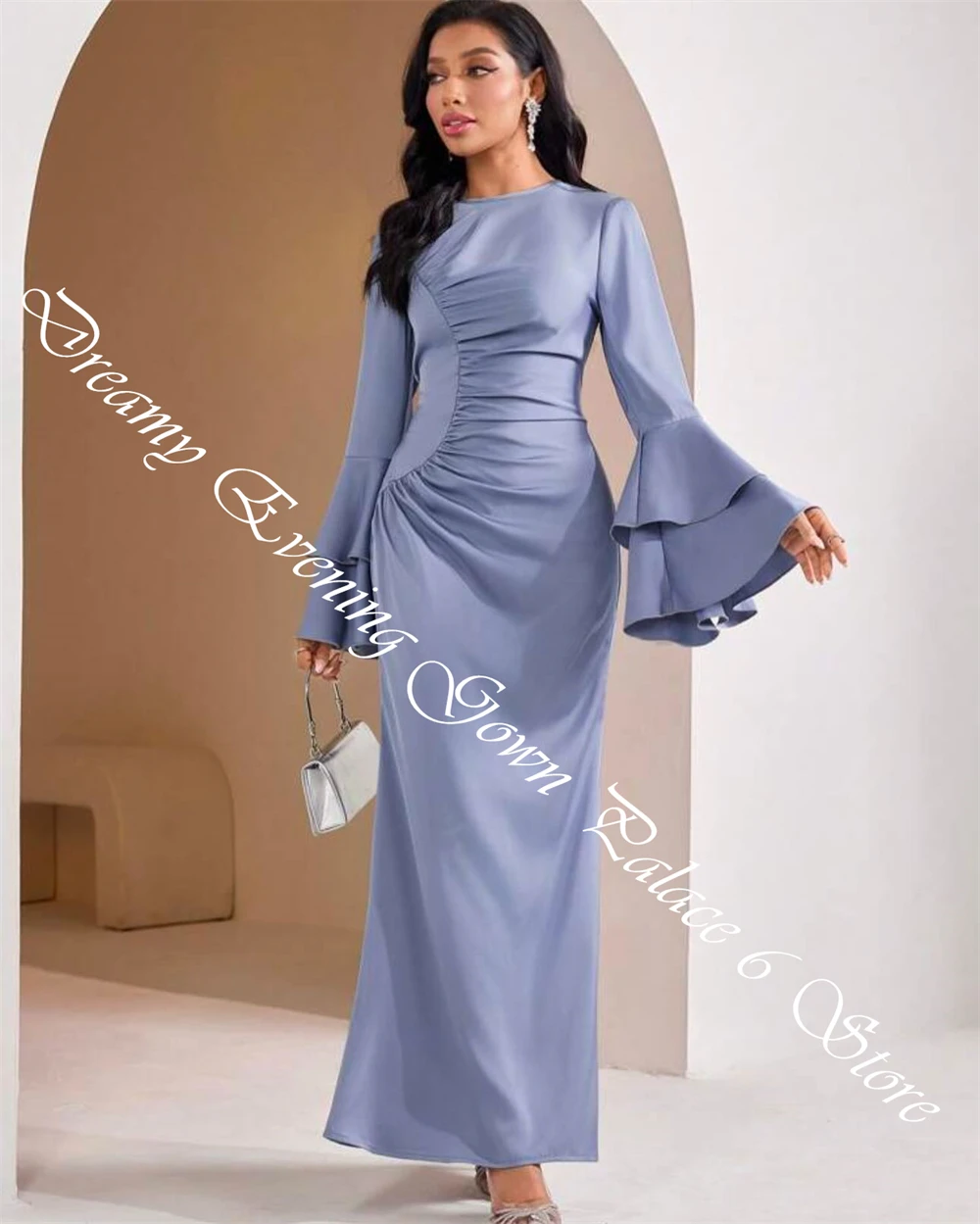 تخصيص رشيقة طاقم الرقبة حورية البحر مساء اللباس مزاجه الأكمام الطويلة الكشكشة فساتين المشاهير الكلاسيكية الساتان Pr #6