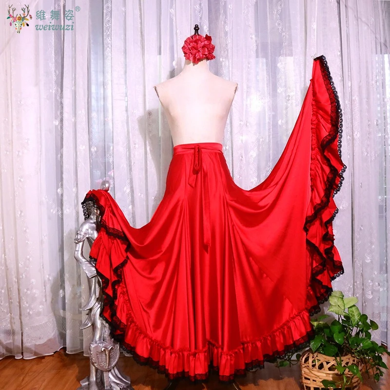Spanish Dance Flamenco Style Performance Suit Simulation Silk Snow Thick 720 Degree Bullfight Swing Skirt  Belly Performance