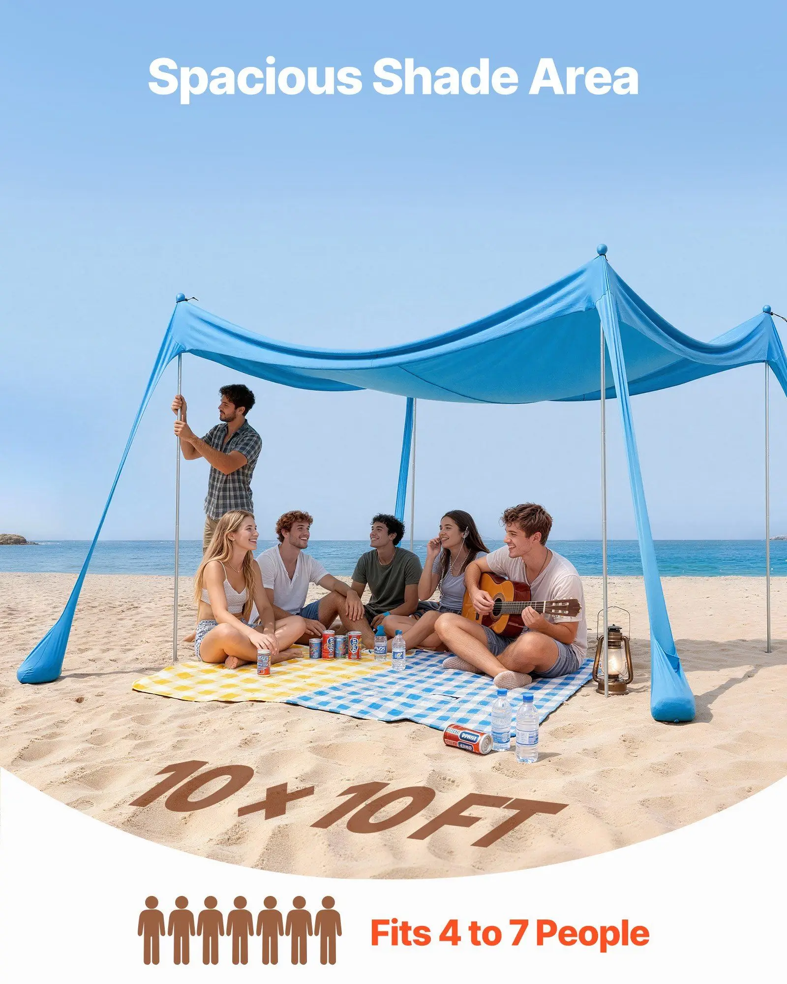 

Beach Tent Sun Shelter, UPF50+ Sun Protection, 6.6 ft Tall, 10x10 ft, Easy Pop Up Beach Canopy with 4 Sandbags, Stability Poles