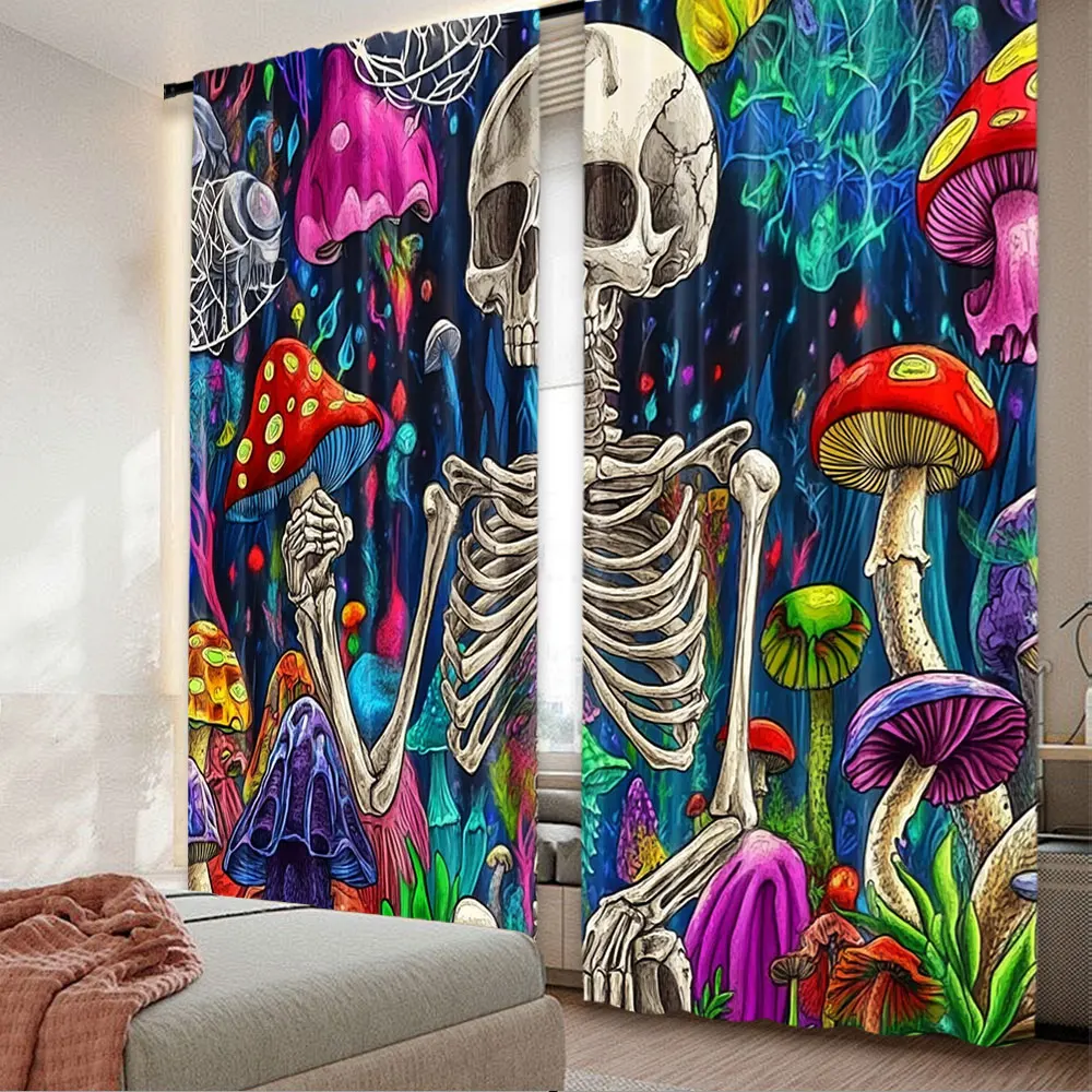 2Pcs Mushrooms Skulls Window Curtains Hippie Mushrooms Drapes Abstract Colorful Window Curtain For Bedroom Living Room