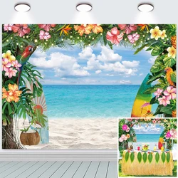 Tropical Luau Photography Background Summer Hawaiian Beach Backdrop Surfboard Blue Sky Ocean Palm Leaves Aloha Party Decorations