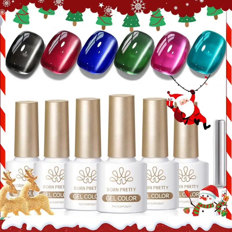 

BORN PRETTY 6 Bottle Scarlet Carol Glass Bead Cat Magnetic Gel Nail Polish Set Christmas Long Lasting Varnish Nail Art Manicure
