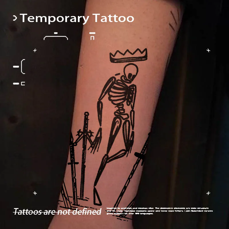 Minimalist Line Art Skeleton King Herbal Juice Tattoo Sticker Waterproof Semi-Permanent Fake Tattoo Body Art Temporary Tattoos