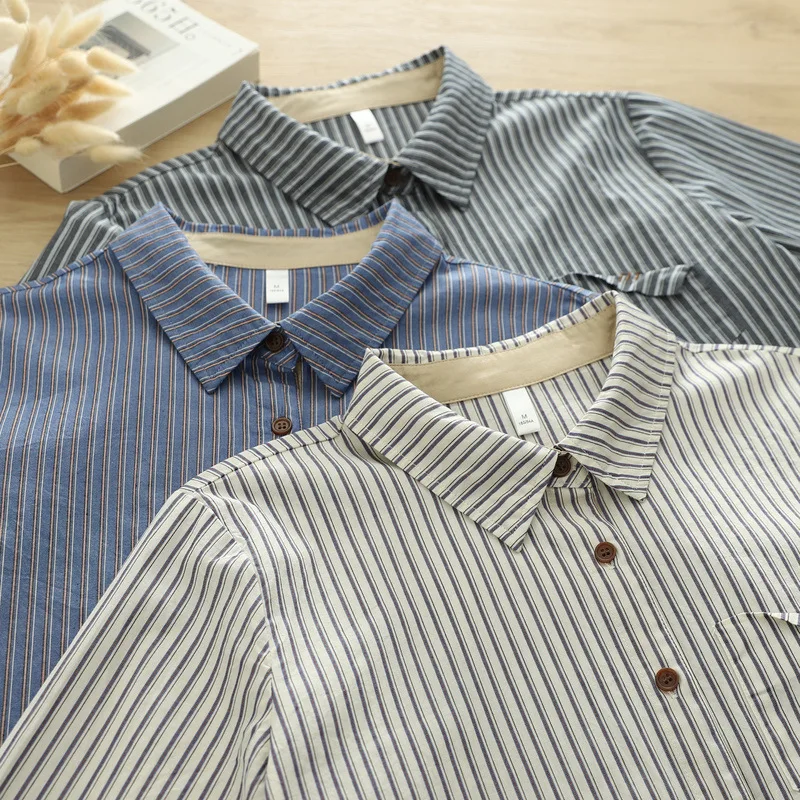 جديد 2025 الخريف قميص قطني بكم طويل ، المرأة التلبيب مخطط جيب غير منتظم ، موري فتاة موضة بلوزة فضفاضة غير رسمية T59850CC #6