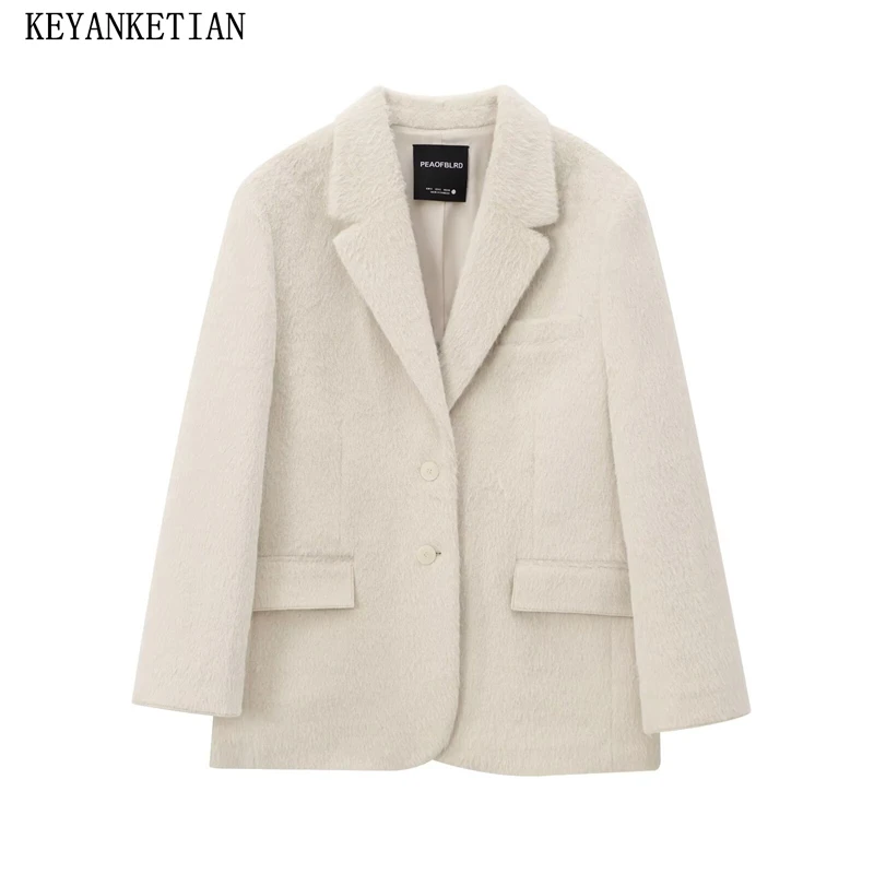 KEYANKETIAN 2025 Spring New Women's Faux Fur Effect Suit Blazer Leisure style Flap Pockets Single Breasted Straight Greatcoat