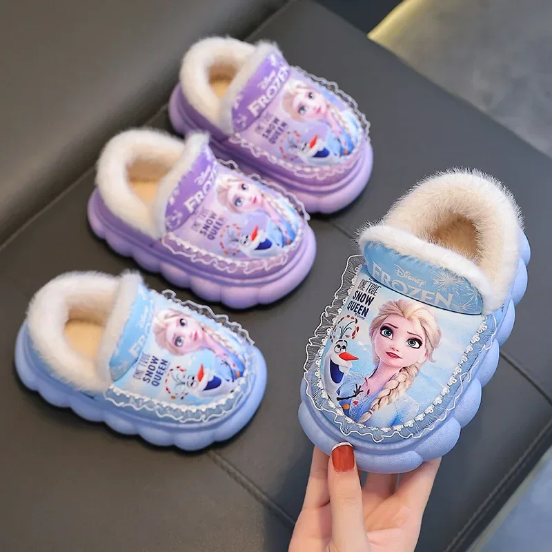 Disney Kids Winter Cotton Slipper Cartoon Frozen Elsa Children Spring Autumn Warm Princess Baby Girls Indoor Outdoor Plush Shoes