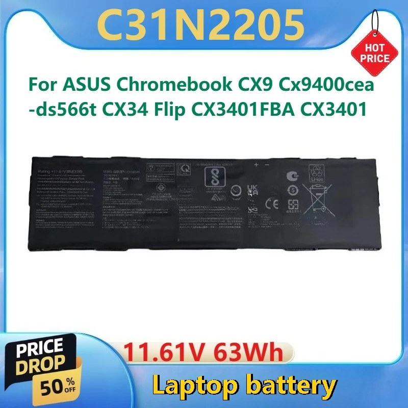 

For ASUS Chromebook CX9 Cx9400cea-ds566t CX34 Flip CX3401FBA CX3401 High Quality New C31N2205 Laptop Battery 11.61V