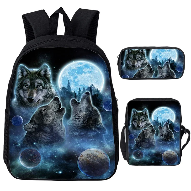 

3Pcs Set Howling Wolf Print School Backpack with Shoulder Bag Pencil Case Cartoon School Bags for Boys Girls Animal Kids Bag set