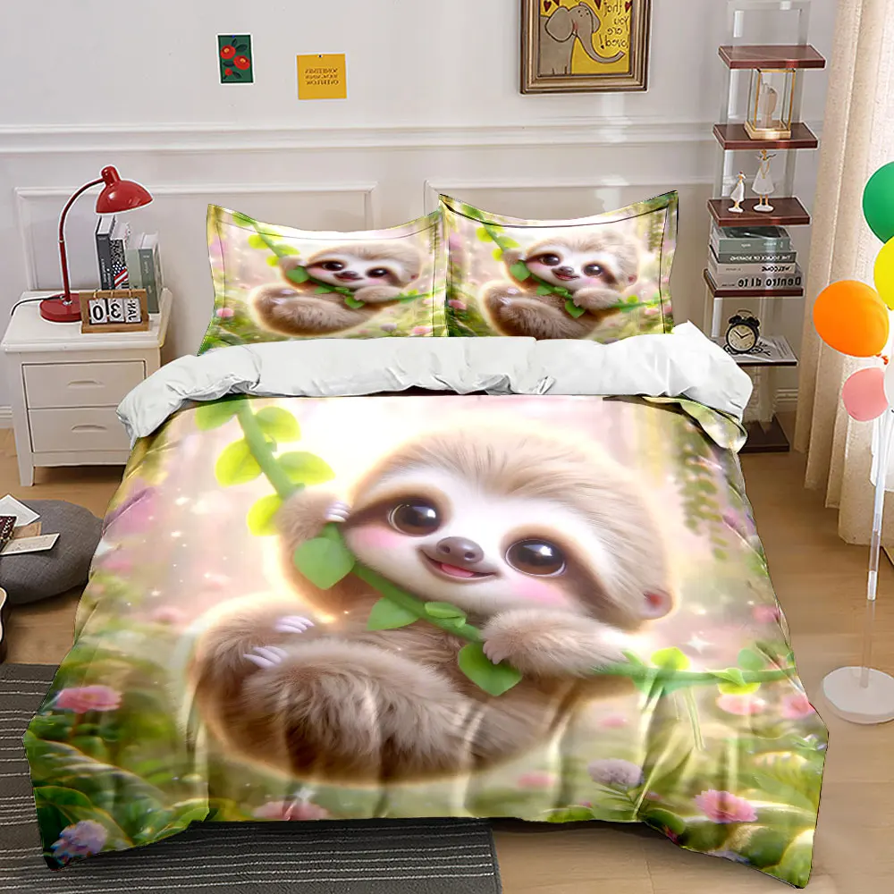 Adorable sloth swinging gently Bedding Set for Kids Luxury Gift 3pcs Digital Print Comforter Set Soft Comfortable Breathable