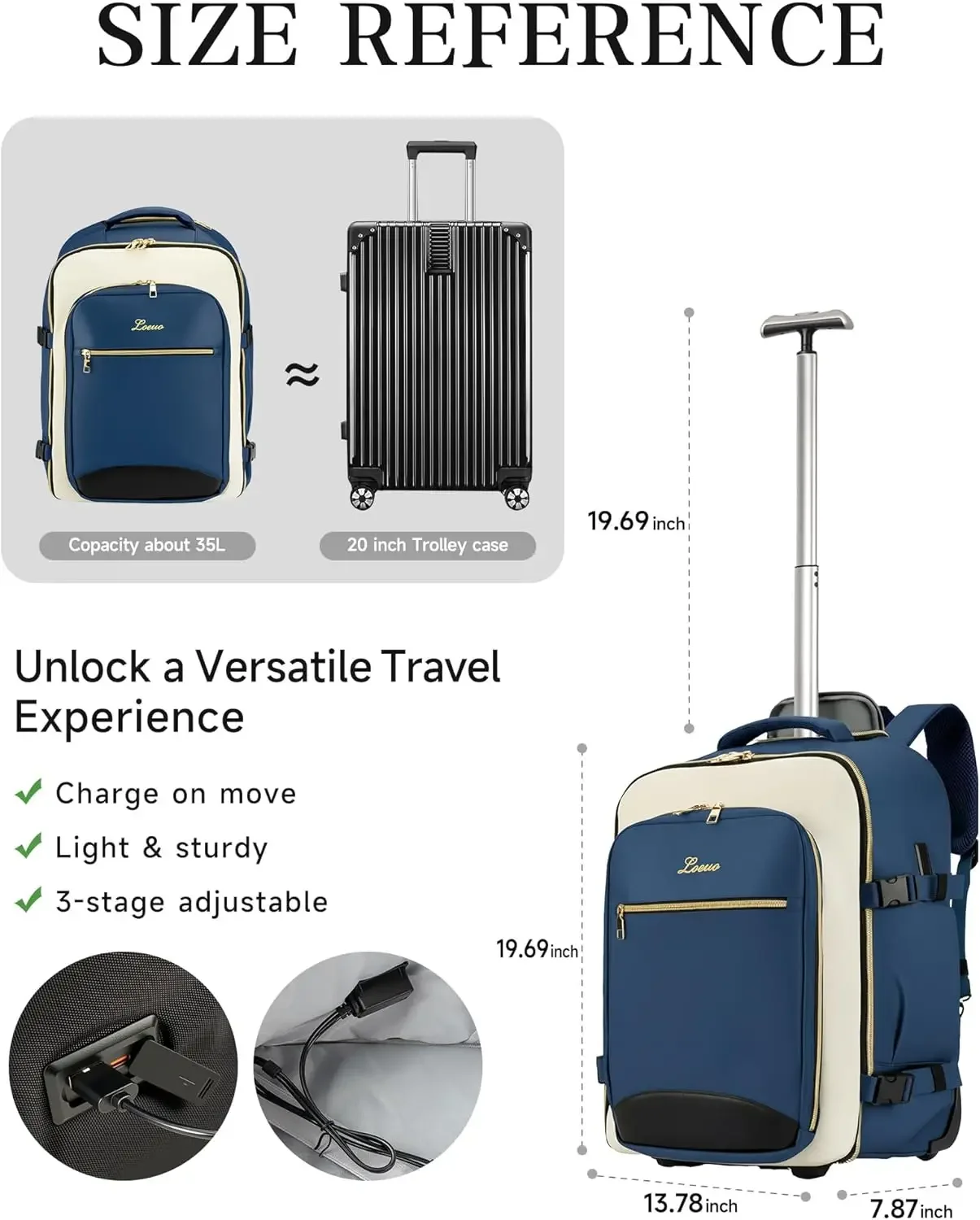 Afbeelding 3: Handbagage met wielen voor volwassenen, door luchtvaartmaatschappijen goedgekeurde rollende rugzak voor dames, opvouwbare reislaptoprugzak aan de onderkant (D