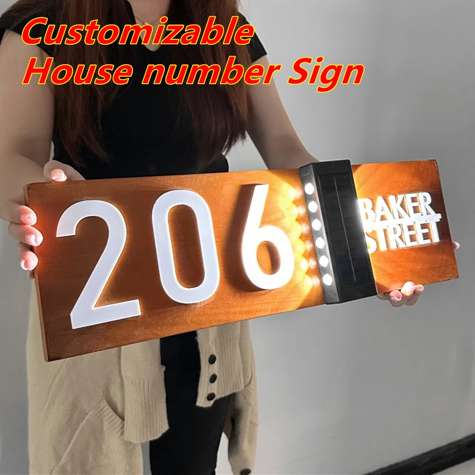 

Customized Solar House Number Sign with LED Light Personalized Door Plate Home Address Sign Wooden Modern Home Decoration