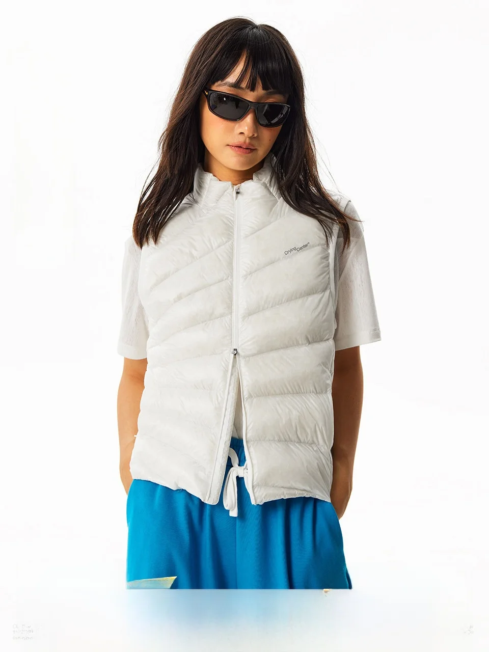

CryingCenter Translucent Warm Winter Stand Collar Waist Cinched Feathers Vest Nylon Thickened 90% White Goose down Cleanfit