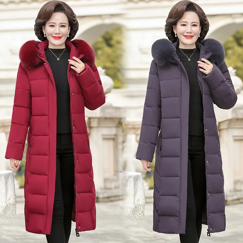 

New Korean Mother's Winter Clothing Women Long Down Cotton Jacket Loose Padded Coat Hooded Thicken Parkas Manteau Femme Hiver