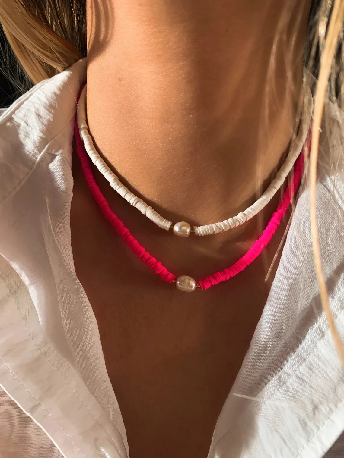 

CCGOOD Boho Adjustable Clay Bead Necklace with Natural Pearl Summer Beach Jewelry for Women Polymer Disc Handmade Gift