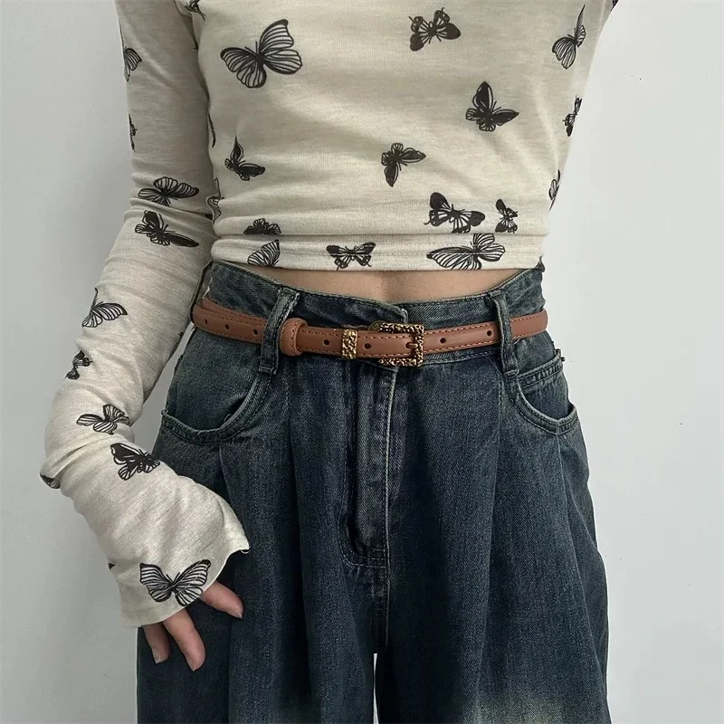Vintage Women Leather Belt for Jeans Pants Dress Belts Thin Black Leather Belt Retro Gold Buckle Belts Skinny Thin Waistband