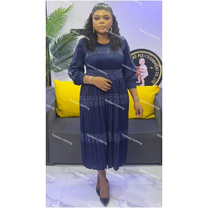 Nouveau Miyake robe plissée pour femmes couleur unie Patchwork dentelle élégante grande taille à manches longues robe de bal extensible longueur sans plis