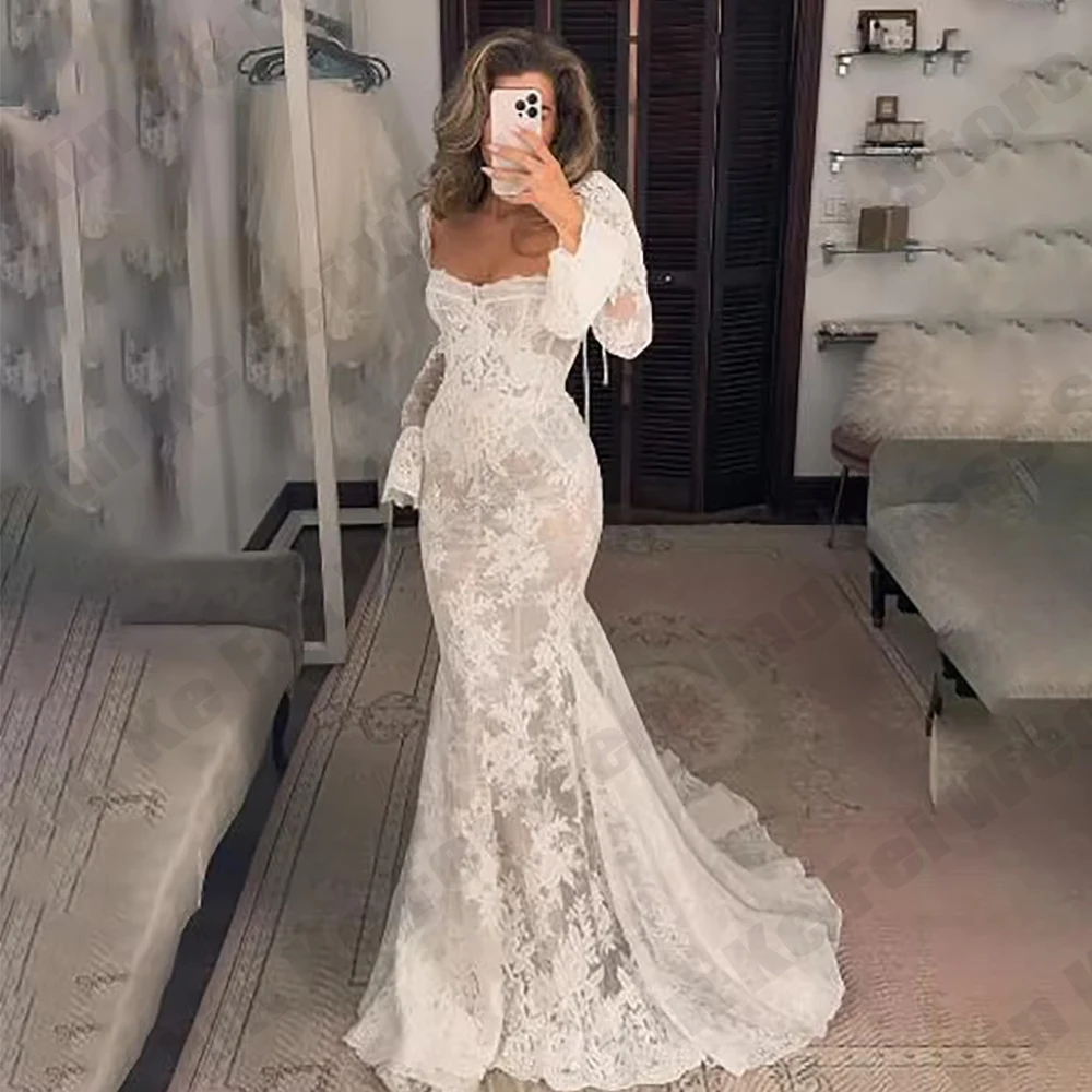 2026 Lace Mermaid Wedding Dresses Long Sleeve Square Neck Bride Gown Appliques Bride Bridal Dress vestidos de novia Customized