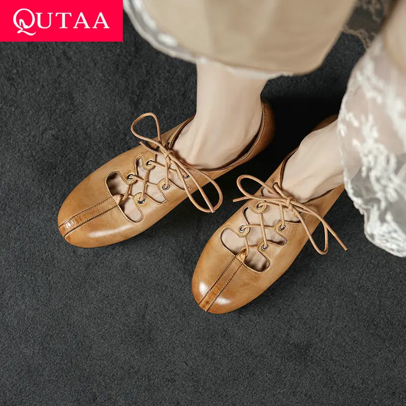 

QUTAA 2025 Fashion Women Pumps Shoes Lace-up Genuine leather Mid Heels Concise Summer Casual Round Toe Shoes Spring Woman 34-40