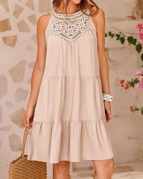 Vestidos Midi elegantes con encaje calado para mujer, novedad de verano, sin mangas, corte en A, de retazos, para vacaciones, playa y fiesta