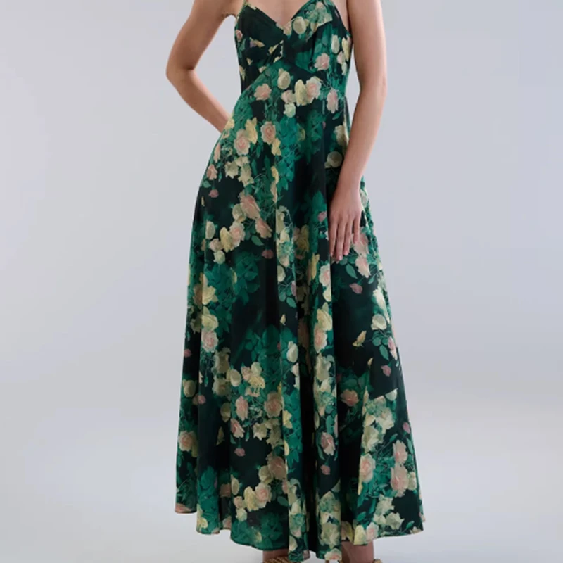 เดรสลายดอกไม้สีเขียวแบบสายเดี่ยวเซ็กซี่สำหรับฤดูร้อน ผู้หญิง สง่างาม ทรงเอไลน์ ความยาวปานกลาง คอวี สไตล์ลำลอง เซ็กซี่ เหมาะสำหรับวันพักผ่อน รุ่น 2026