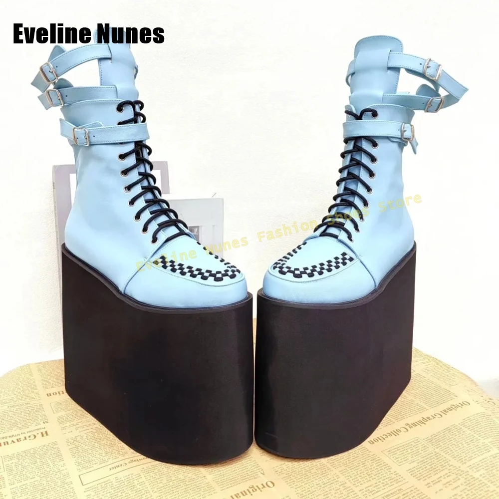 Women Gothic Blue Platform Wedge Boots Round Toe Woven Thick Sole Punk Lace Up Knee High Boots with Buckle Straps 2026 New Trend